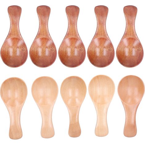 Lot de 10 mini-cuillères en bois à sucre, sel et condiments, avec manche court, pour la cuisine. (1/5)