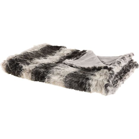 Blanket Grey and White Acrylic 180 x 220 cm Fluffy Throw Faux Fur Striped Pattern Retro Design TAZA (1/5)