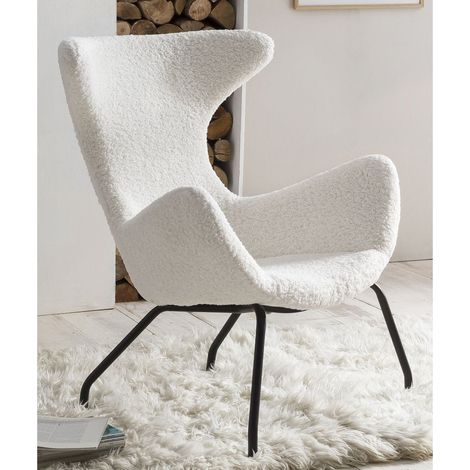 Fauteuil relax en fausse fourrure teddy blanche et pieds en métal noir style scandinave - PANGIVO (1/5)