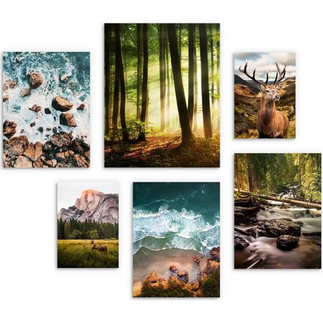 Poster per la parete del soggiorno XXL - set di 6 poster foresta, montagne, natura
