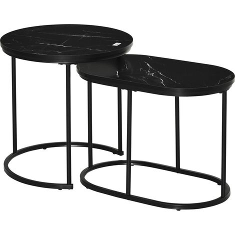 2er set couchtisch satztisch rund oval bestelltisch kaffeetisch stapelbar mit faux marmor seite bis 30 kg mdf stahl schwarz 50 x 505h cm 211500527 (1/5)