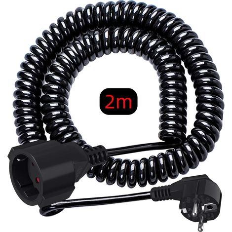 Rallonge électrique (noire, 2 m) avec prise mâle/femelle bipolaire standard européenne et câble à ressort rétractable en PVC. (1/5)