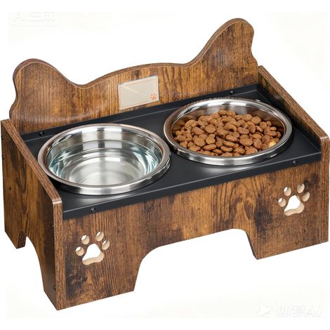 Set di 2 Ciotole Rialzate per Cani, con Ciotola Acqua Inox, Supporto Antiscivolo e Antischizzo, Marrone e Nero (1/5)