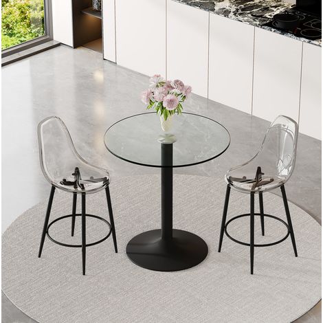 Ensemble bar 89 cm en verre transparent, métal noir, gain de place, 2 tabourets cuisine FloraGrace (1/5)