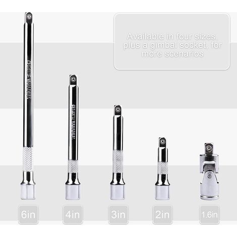 4 Pcs Rallonge Cliquet 1/4", Rallonges Douille Longue 1/4", Rallonge Visseuse pour Douilles à Impact pour Clés à Cliquet (50 mm, 75 mm, 100 mm, 150 mm), avec 1 Adaptateur (1/4)