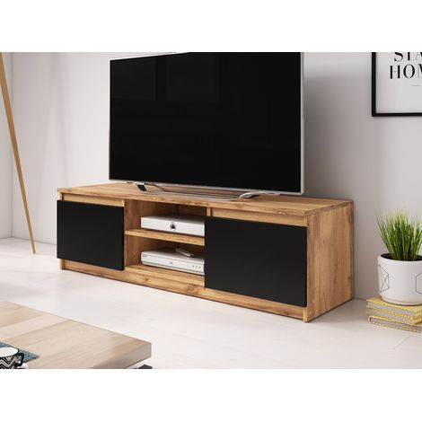 Bestmobilier – Meuble TV contemporain 120 cm – 2 portes et 2 niches – Panneau stratifié noir et bois – Résistant à l'humidité et aux rayures (1/5)