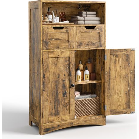 Bealife Meuble Rangement Salle de Bain Armoire Bas Moderne 108cm 2 Tiroirs Modulables Étagères Réglables 2 Portes Marron 60x30x108cm