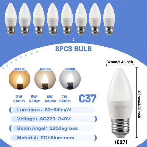 (8 ampoules LED bougie, blanc chaud 3000K) E27, convient à l'éclairage domestique. (1/4)