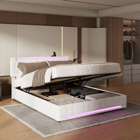Letto contenitore 140×200 cm - Capitonné beige - Rete a doghe - Ritiro idraulico - LED + porta USB (1/5)