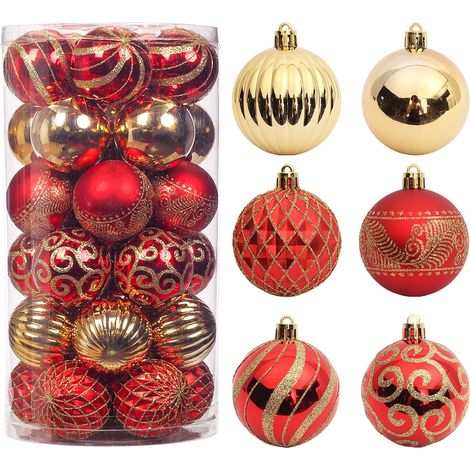 Lot de 30 décorations de Noël incassables de 6 cm (2,36 pouces) - Boules de Noël peintes en or et rouge, parfaites pour les fêtes de Noël, les mariages et la décoration de la maison. (1/5)