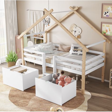 Letto a casetta bambini 90x200 cm con scala e 2 contenitori portaoggetti con ruote, pino, bianco e naturale (1/5)