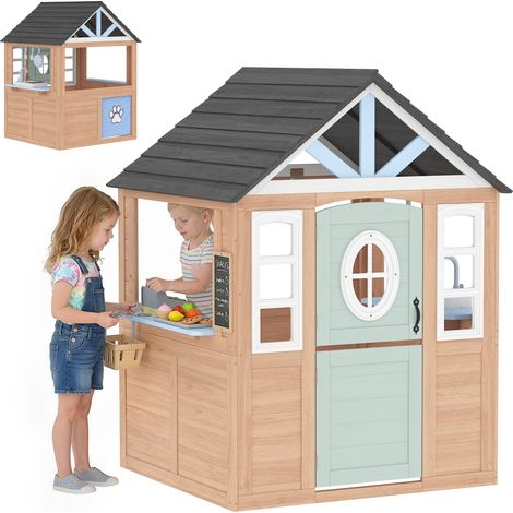 AIYAPLAY casita infantil exterior e interior de madera, casita infantil con puerta para mascotas, cocina de juguete, media puerta y ventanas, natural