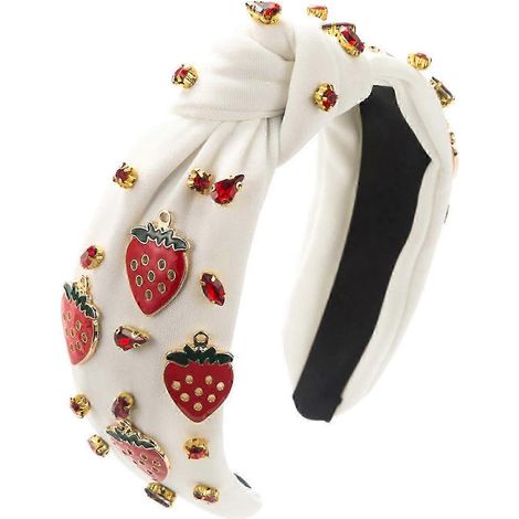Haarreif für Damen, elastisch, mit Knotenmuster, breit, glänzende Strasssteine, Fruchtmotiv (Wassermelone, Ananas)-Strawberry (1/5)