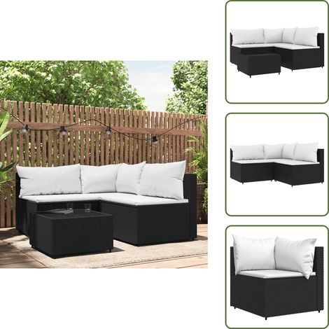The Living Store Salon de jardin 4 pcs avec coussins Noir Résine tressée - Canapé d'angle (1/5)