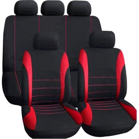 Housses de siège Auto Universel Noir Rouge, Accessoires pour intérieur de Voiture, Coussin de siège Auto Style Sportif, Set Complet de 9 pièces (1/5)