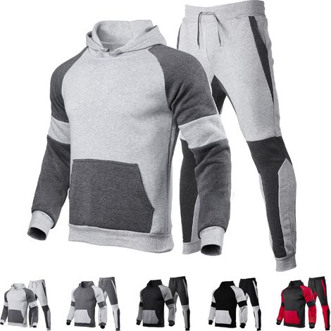 Ensemble jogging homme 2 pièces, survêtement sportif manches longues, tenue décontractée à capuche épaules tombantes, costume de training mode multi-coutures.