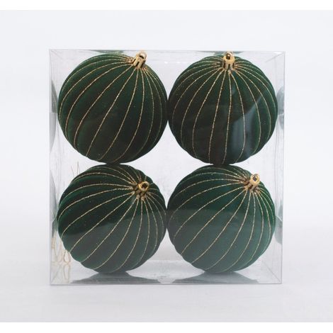 Set mit 4 dunkelgrünen Weihnachtskugeln aus Samt mit goldenen Streifen Ø10 cm