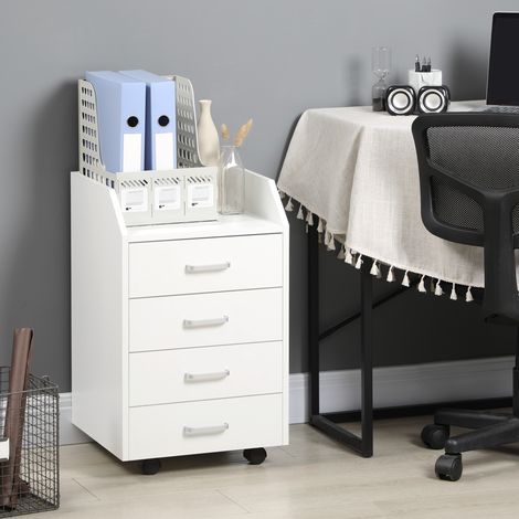 Cómoda de oficina de madera con 4 cajones, ruedas y bordes elevados, 40x36x65cm, blanca (1/5)