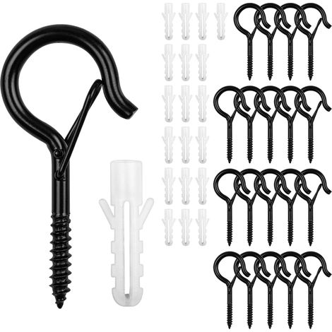 20 Pcs Crochet Mural a Visser, Crochet à Visser Noir avec Verrouillage de Sécurité, Kit Crochets à Vis Noirs pour Suspension des Plantes en Pot, Guirlandes Lumineuses, avec Chevilles et Foret (1/5)