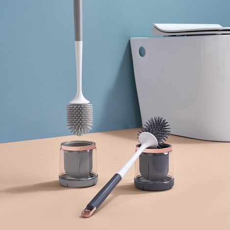 2 Stück Toilettenbürste, WC-Bürste aus antibakteriellem Silikon, WC-Bürstenset mit langem Griff und hygienischem Halter (Hellgrau, Dunkelgrau) (1/4)