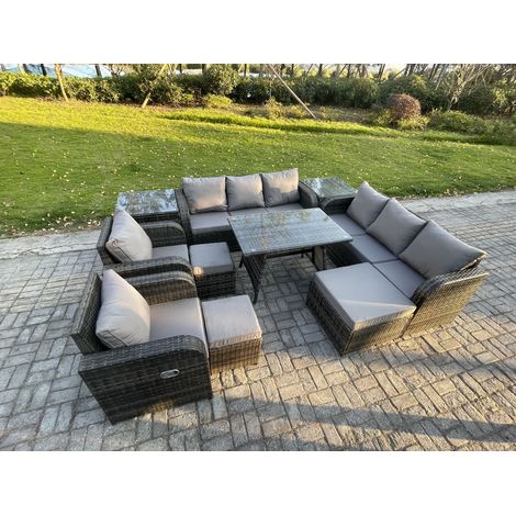 Fimous 11 places Ensemble de canapés en rotin Table & Fauteuil avec Canapé 3 places Table à manger rectangulaire 3 Tabourets 2 Tables d'appoint Gris foncé mixte (1/5)