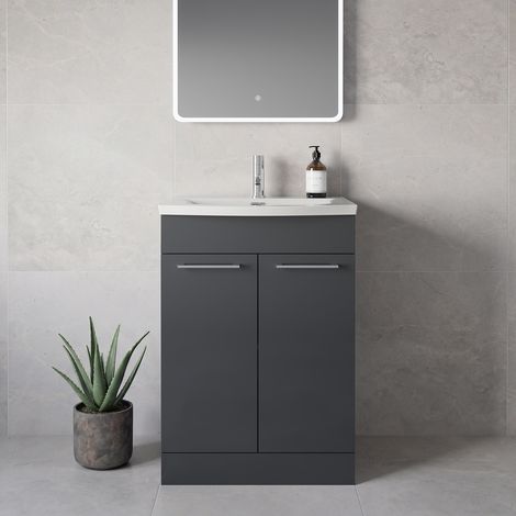 Napoli 390 Gloss Grey 600mm 2 Door Vanity Unit with Arc Basin - 600mm - Chrome 160mm Handle