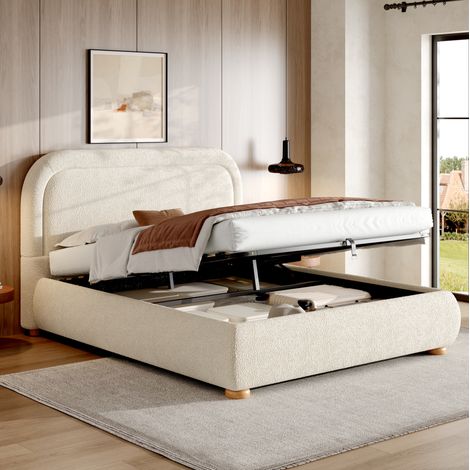 Lit coffre 140x190 cm en tissu bouclé beige, sommier à lattes, tête de lit rembourrée (1/5)
