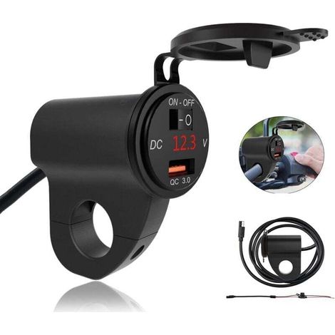 Chargeur de Téléphone Portable USB pour Moto, étanche 12V Chargeur de Voiture, avec voltmètre et Interrupteur indépendant, Convient aux guidons de Moto d'un diamètre de 2,2 cm-DOU