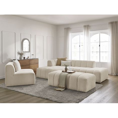 BOBOCHIC - Canapé d'angle fixe modulable ANNECY tissu bouclette avec 1 chauffeuse 1 place et 1 pouf Angle gauche Beige (1/5)