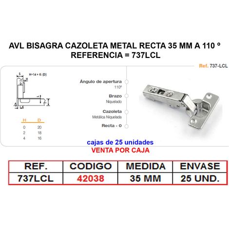avl bisagra cazoleta metal recta 35 mm a 110 º clip on 737lcl (caja 25 unidades)