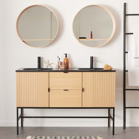 Meuble double vasque 140cm chêne STUDIO sur pieds + miroir rond