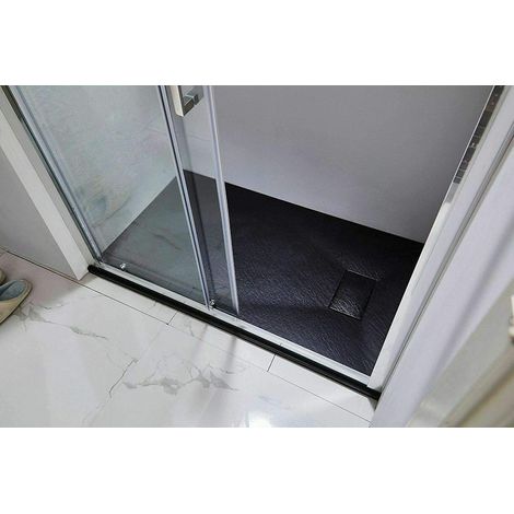 Piatto Doccia Spessore 2.6 Cm Resina SMC Effetto Pietra Stone Ardesia Antiscivolo Riducibile Filopavimento Con Griglia Di Copertura Nero 100x100 Cm - Misura: 80 x 80 Cm