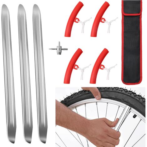 3Pcs 28cm Démonte Pneu, 4Pcs Protecteur de Roue de Jante Garde, Levier de Changement de Pneu, Protection de Jante de Montage de Pneu avec Insert de Vanne 4 Voies Sac de Rangement pour Moto Vélo (1/5)