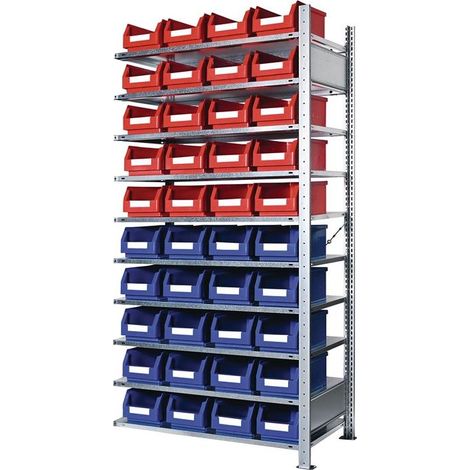 Steckregal H2000xB1000xT400mm Anbauregal 10 Stahlböden 20 x Gr. 4 blau, 20 x Gr. 4 rot