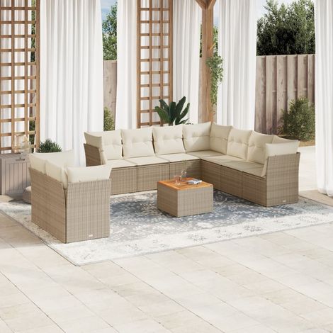 Ensemble Salon Jardin 10 Places Résine Tressée Beige avec Coussins - Table Acacia - Modulaire (1/3)