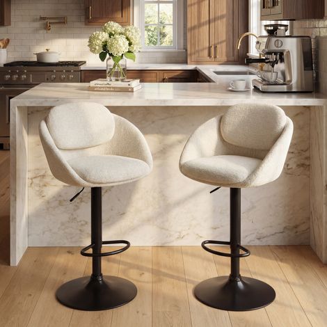 Wahson Tabouret de Bar Pivotant, Lot de 2 Chaises de Bar en Chenille Chaise Haute Cuisine Réglable en Hauteur Tabouret Haut avec Double Dossier Courbé, Beige