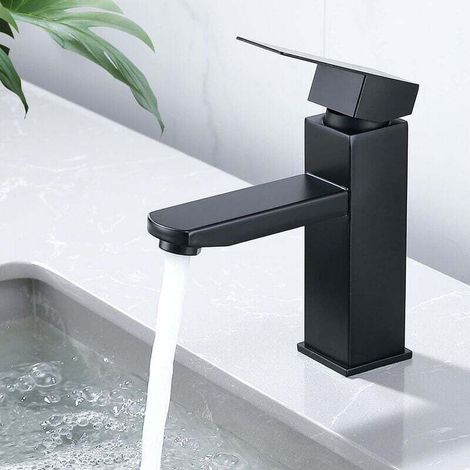 Robinet Salle Bain Noir Mitigeur Lavabo Carré Robinet Lave Main eau chaude et froide Mitigeur salle de Bain Acier inoxydable (1/4)