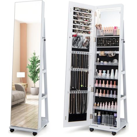GOPLUS Armoire à Bijoux Mobile avec Miroir Pleine Longueur-avec Serrure-Lumières Led 3 Couleurs-Miroir de Courtoisie Intégré Blanc (1/5)