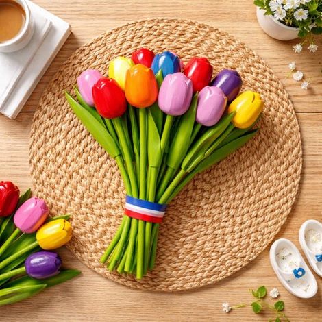 Ramo de tulipanes, tulipanes holandeses, multicolor, 20 cm, 8 flores artificiales (1/4)