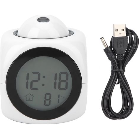 Digitaler LCD-Wecker mit Projektions- und Sprachalarm, modernes und elegantes Design in Weiß – USB-Kabel im Lieferumfang enthalten (1/5)