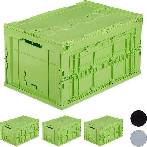 Set of 4 Relaxdays Professional Storage Boxes, Sturdy, Commercial Crate, Lidded, 60x40x32cm, Green