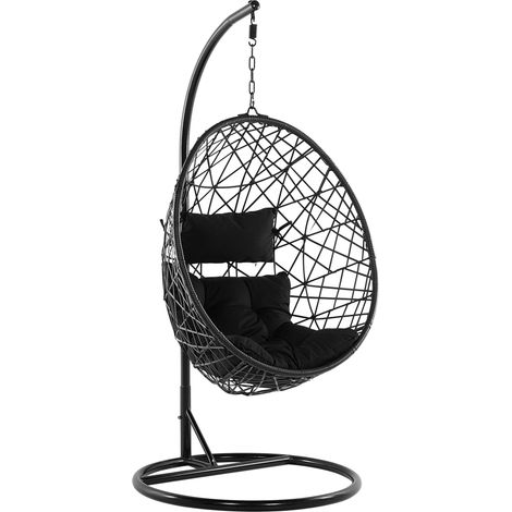 Beliani – Fauteuil suspendu en polyrotin noir – Coussin épais pour confort – Usage intérieur et extérieur – Résistance UV – Fixation solide
