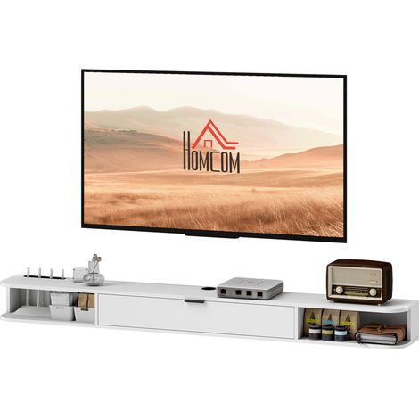 Meuble TV Suspendu, Meuble Télé pour Téléviseur jusqu'à 75 Pouces, Tiroir Rabattable, 2 Étagères, 180x24x16cm, Blanc (1/5)