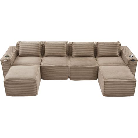 Divano modulare a 4 posti in velluto a coste, con 2 pouf, portabicchieri e tasche (1/5)
