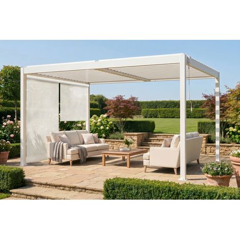 Pergola bioclimatique autoportée PIANA 4x3m aluminium blanc avec stores rétractables côté 3m (1/5)