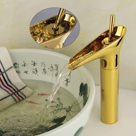 Waschtischarmatur, goldene Badarmatur mit Wasserfallauslauf, Waschtischarmatur mit Montagewerkzeug und Zubehör, Waschtischarmatur für Bad und Küche (1/5)