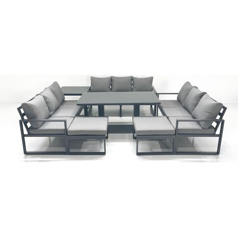Fimous 11 Seater Garden Sofa Set Aluminium Furniture Rising Dining Tabe Set with Side Table 2 Big Footstools Dark Grey (1/5)