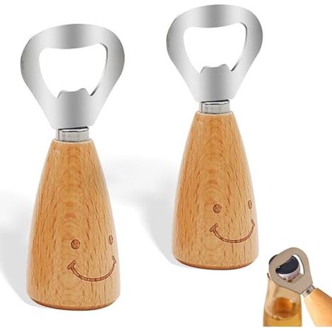 Juego de 2 abridores de botellas con mangos de madera en forma de carita sonriente, fabricados en acero inoxidable, fáciles de usar (1/4)