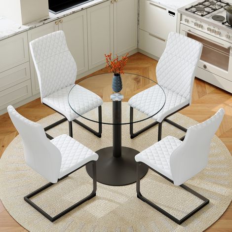 Table ronde en verre trempé 85 cm avec 4 chaises blanches PU, style moderne noir (1/5)