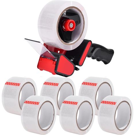 Metallabroller mit 6 Rollen transparentem Klebeband (48 mm x 66 m) – ergonomischer Abroller. Geeignet für Kartons, Umzüge und Verpackung. (1/5)